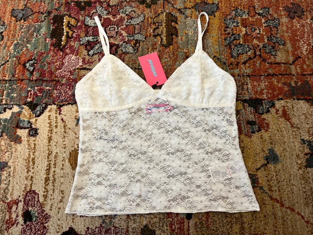 NEW Edikted S Floral Mesh Lace Camisole Tank Top Bow Ruffle Adjustable Y2K 90s